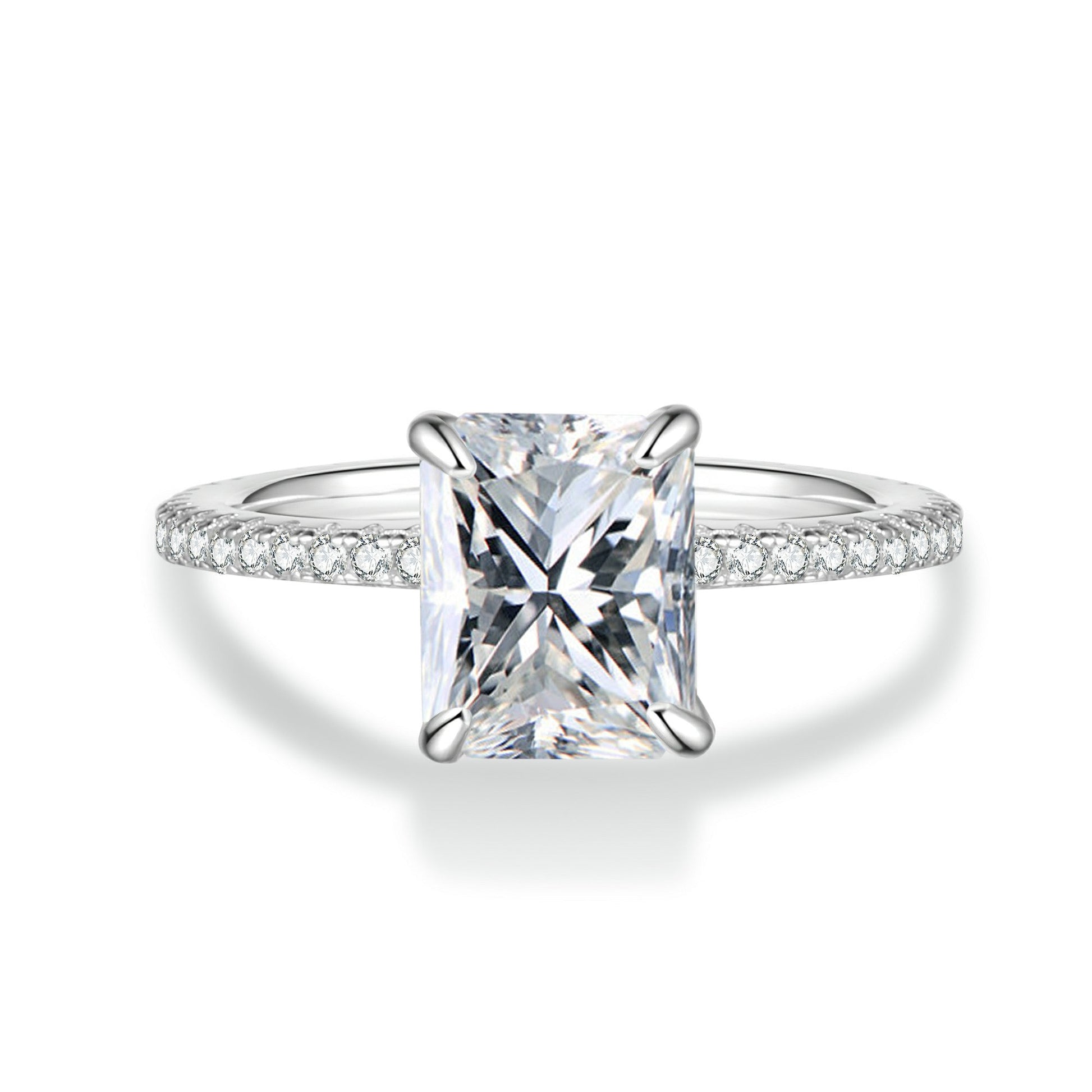 Radiant Cut Moissanite Engagement Ring With Eternity Band
