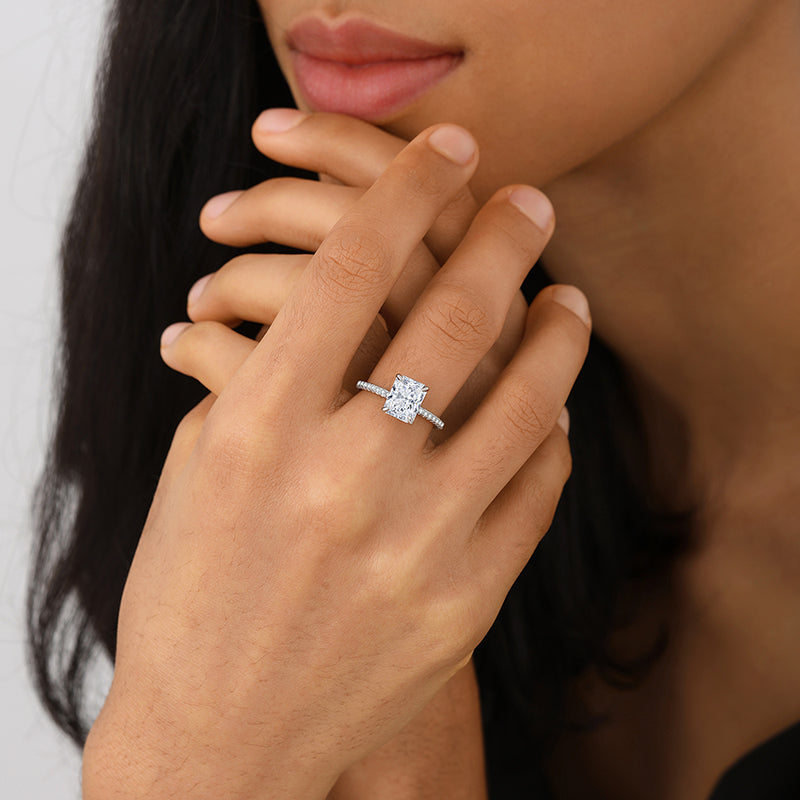Radiant Cut Moissanite Engagement Ring With Eternity Band