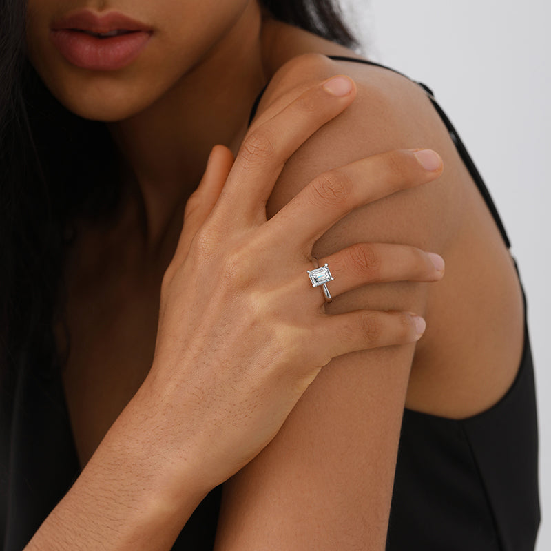 Emerald Cut Moissanite Engagement Ring With Hidden Halo