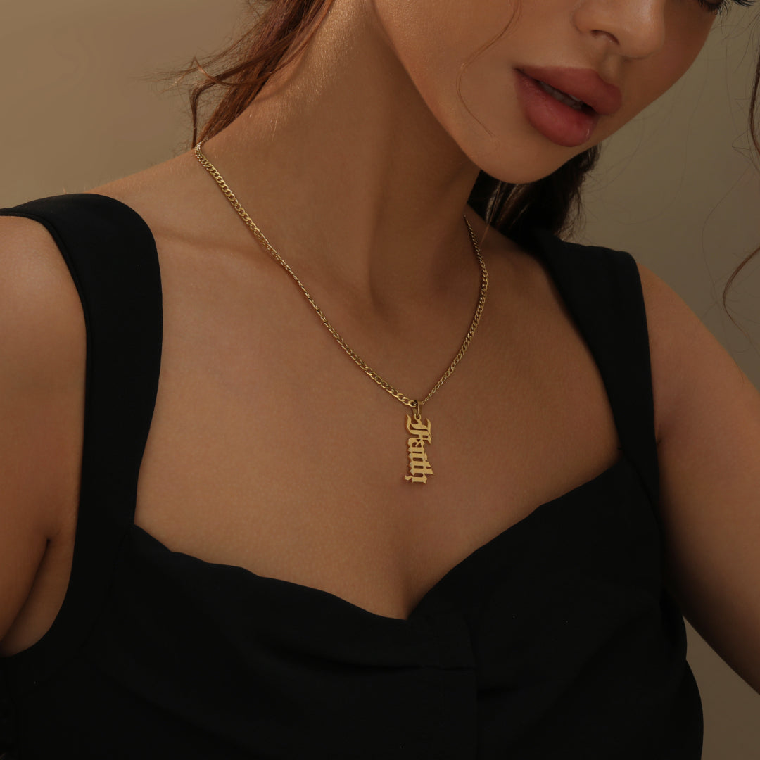 Vertical Gothic Name Necklace w/ Cuban Chain